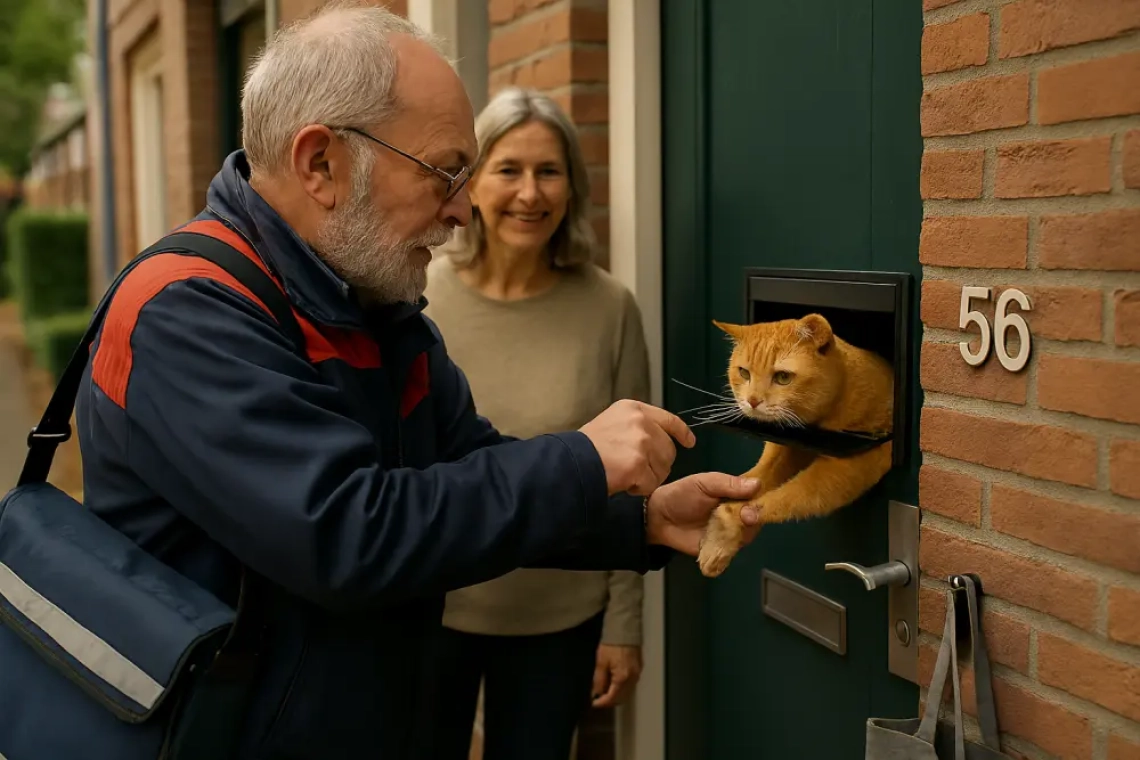Een postbode in Hoorn buigt zich over een brievenbus, waar een kat tussen de reclamefolders vandaan wordt gehaald — onderdeel van een onverwachte reddingsactie tijdens de ochtendronde.